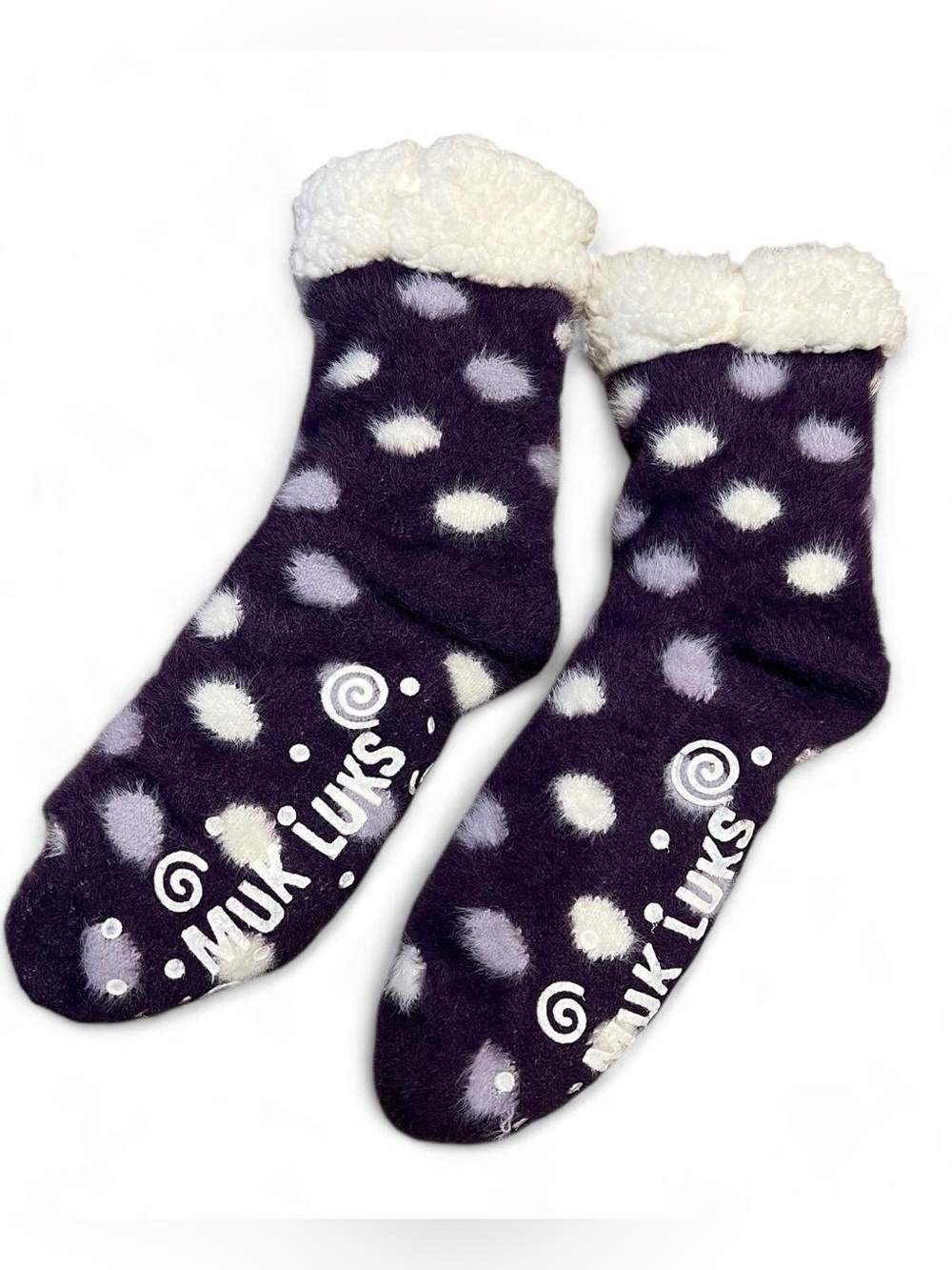 Muk Luks Cozy Plush Lined Cabin Socks Purple White